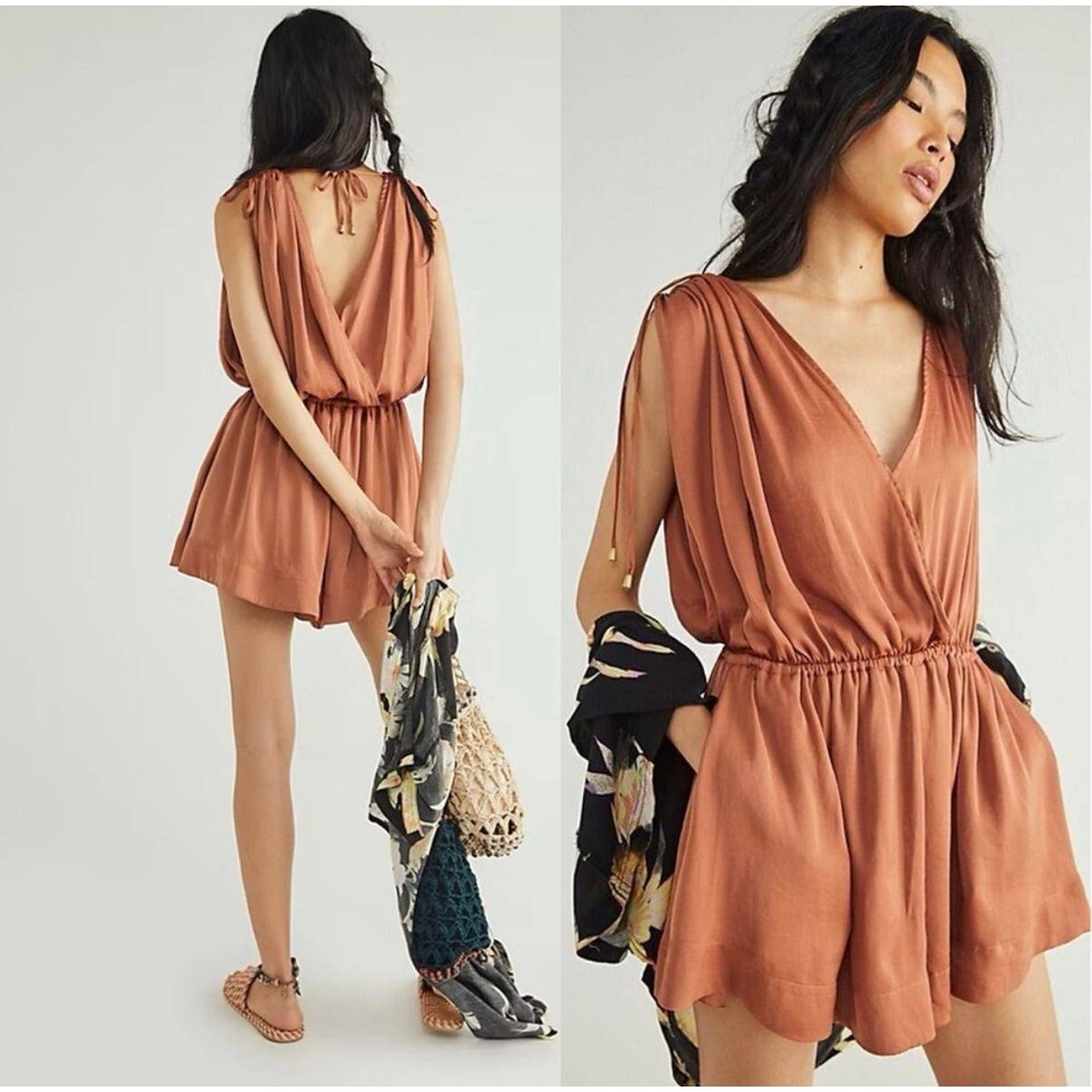 Free People Bea Romper Terracotta Rust Brown Plunging V-Neck Medium